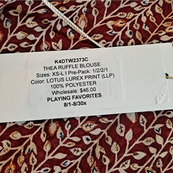 NEW BISHOP + YOUNG women's Thea Ruffle Blouse Lotus Lurex Print Small - Picture 8 of 8